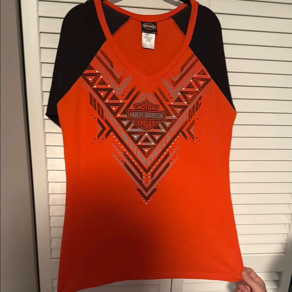 Harley-Davidson Orange and Black Graphic Top